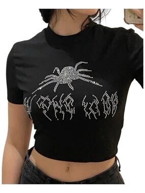 Rhinestone Spider Alt Y2k Graphic Top
